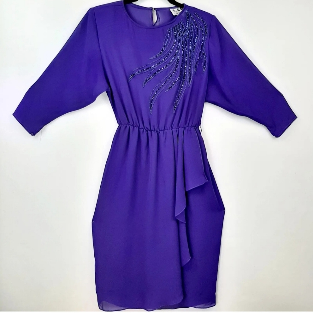 Vtg 70s LTD by Roberta Semi Sheer Faux Wrap Embellished Dress Belted Size 3/4